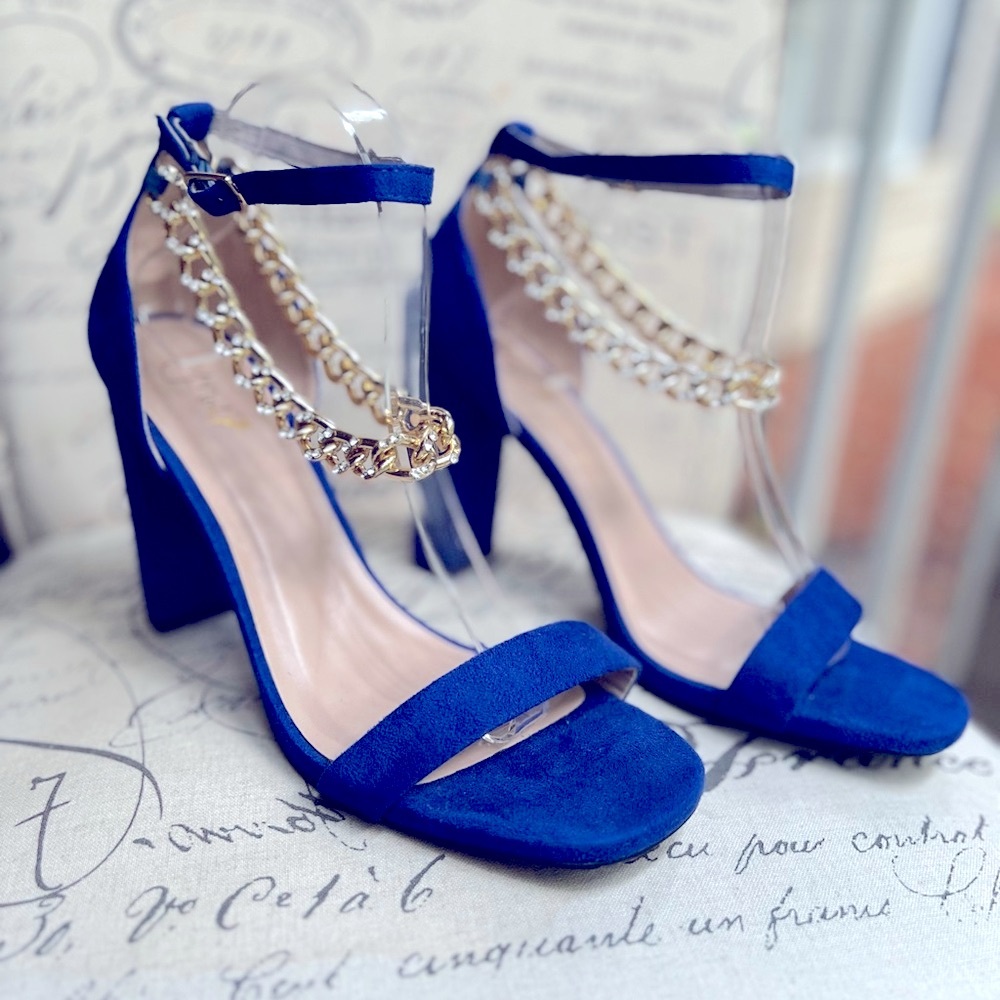 Y-not? Cobalt Blue Gold Chain High Heels (Never Worn)